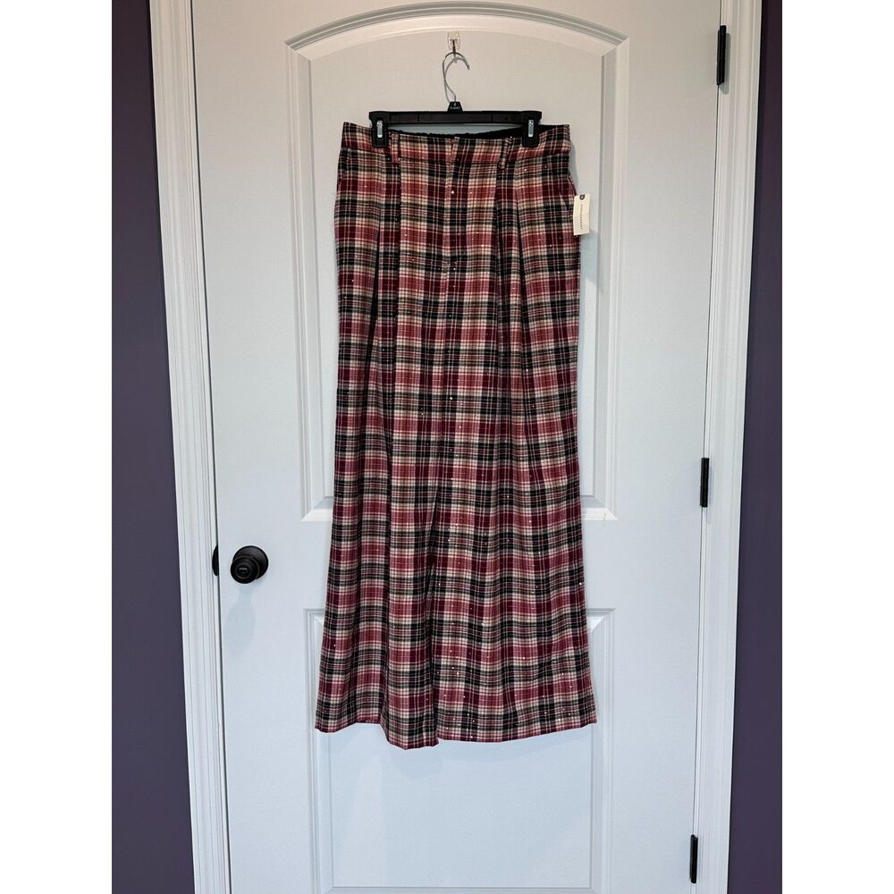 NWT Maeve Anthropologie The Avery Wide Leg Red Plaid Sequin Pants Size Medium
